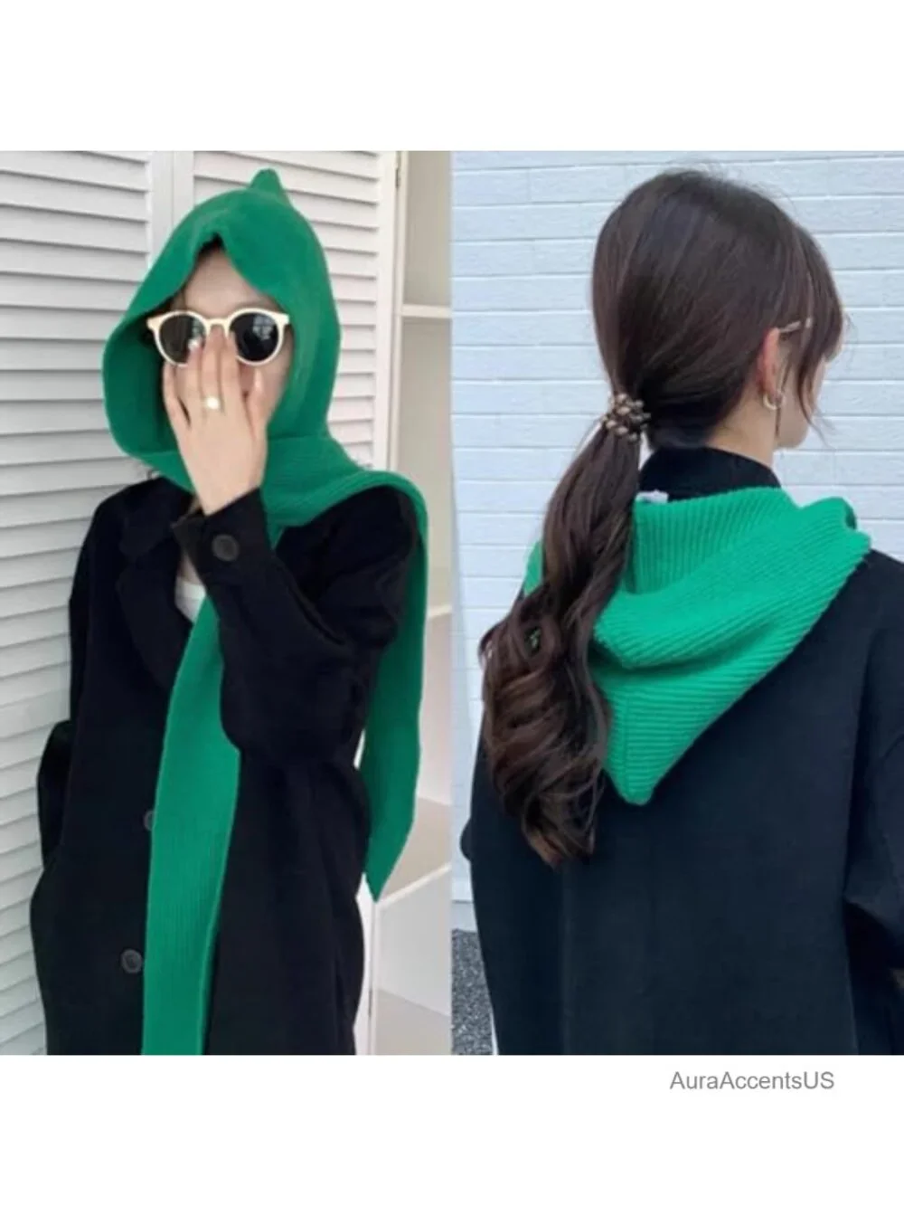Women Winter Knitted Hooded Scarf, 100% Acrylic Long Scarf with Attached Hat,